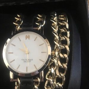 VS Gold Tone Watch with Chain & Black Strap, New!